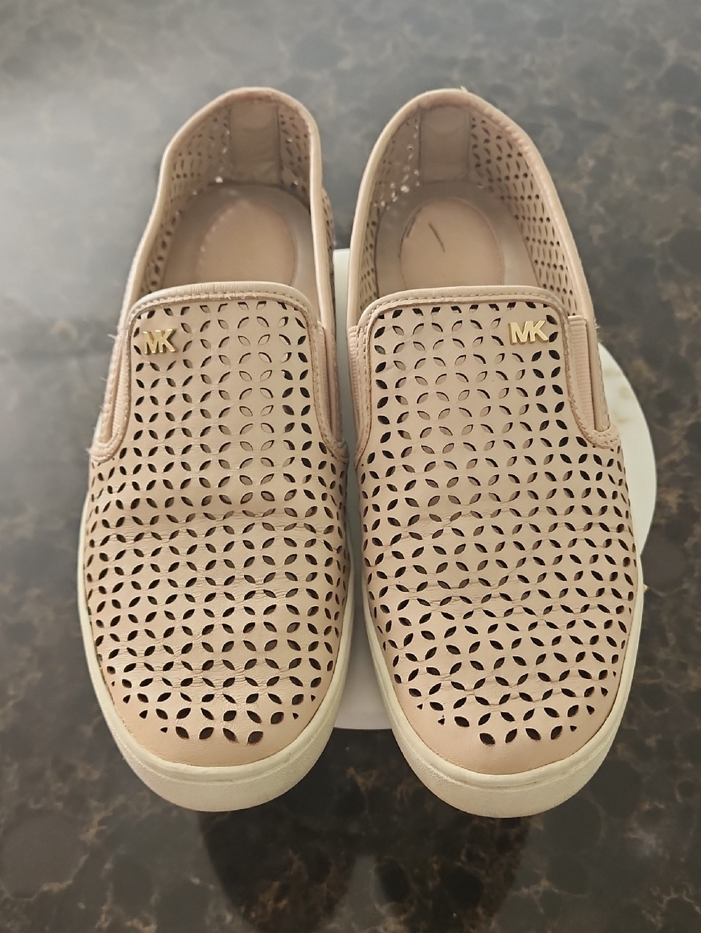 Michael Kors Perforated Slip-On Sneakers in Nude Blush with Gold MK Accents